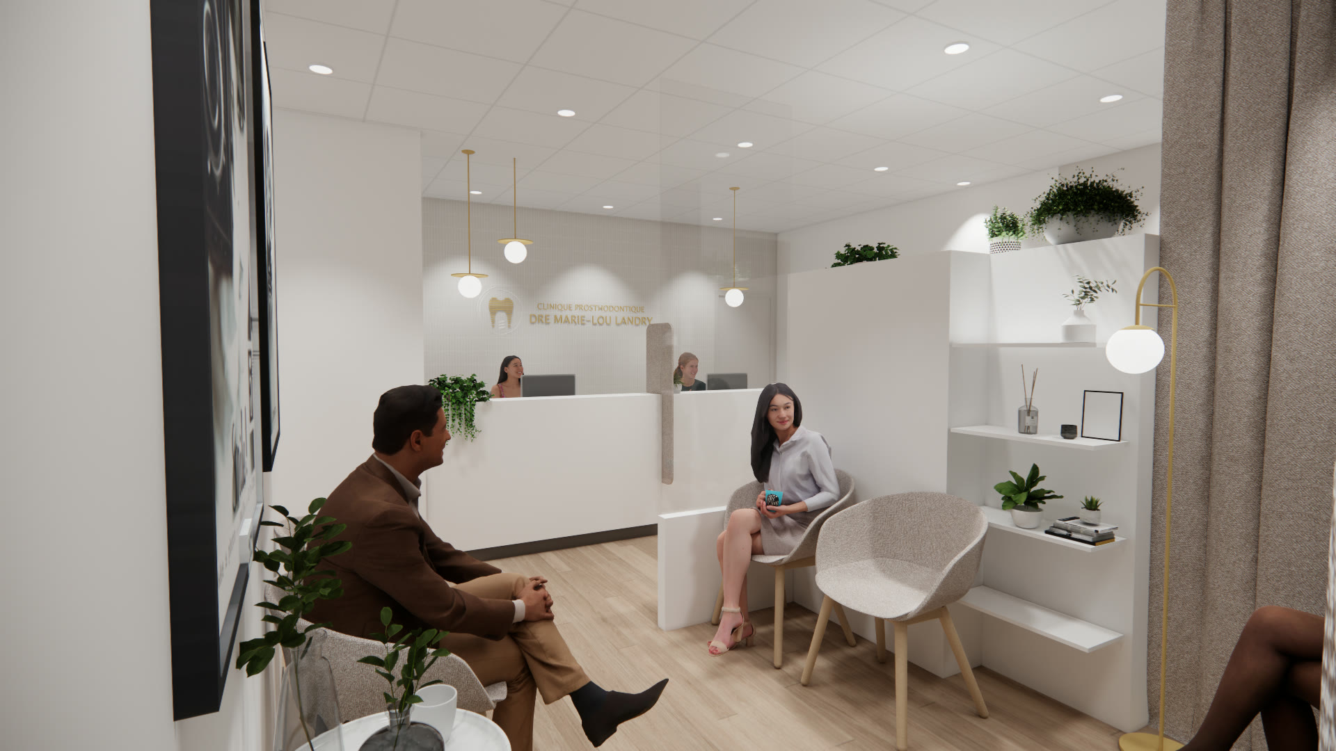 Rendu 3D de l'aire d'attente et du mobilier de la clinique de prosthodontie, Québec